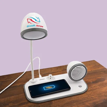 White Customized Multipurpose 3 In 1 Desk Lamp With 15W Wireless Charger And Bluetooth Speaker & Mic For Calls 360° Adjustable Lamp, Color Lights