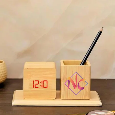 Brown Customized Wooden Digital Clock with Penstand