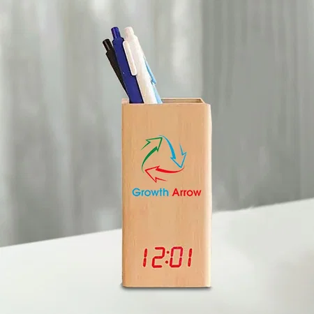 Brown Customized Wooden Digital Clock with Penstand