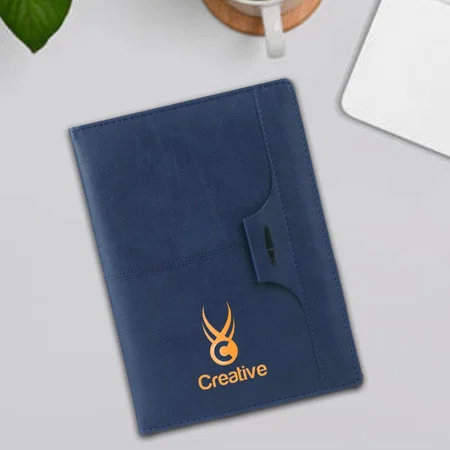 Blue Customized Pen Loop Notebook with Stitching Design with Bookmark Ribbon