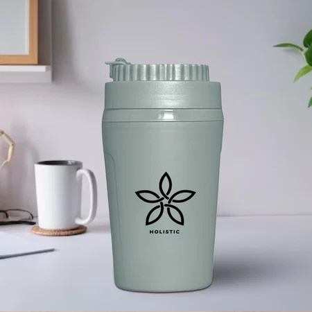 Grey Customized Double Wall Steel Mug With Flip Top Lid | Double Wall Pu Insulated Mug | Bpa Free | 400 Ml Approx.