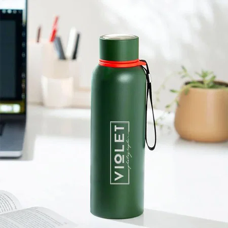 Green Customized Vacuum Insulated Flask With Carry Strap | 18 Hours Hot/cold | Metal Plate On Cap | Capacity 700ml Approx