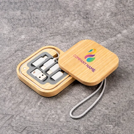 Customized Travel Cable Box With Universal Connectors, Ejector PIN In Magnetic Bamboo Case