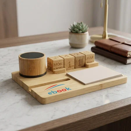 Customized 6 In 1 Bamboo Wood Table Top With Bluetooth Speaker | Perpetual Calendar | Mobile Stand | Writing Pad | Pen Stand | Visiting Card Holder