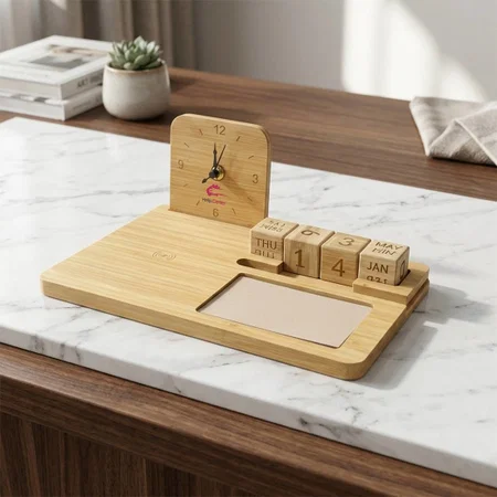 Customized 5 In 1 Bamboo Wood Pen Stand With Clock | Mobile Stand |15w Fast Wireless Charger | Visiting Card Holder