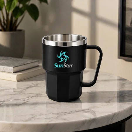 Black Customized Stainless Steel Double Wall Mug With Unique Ridge Base Flip Top Lid Leak Proof Capacity 350ml Approx