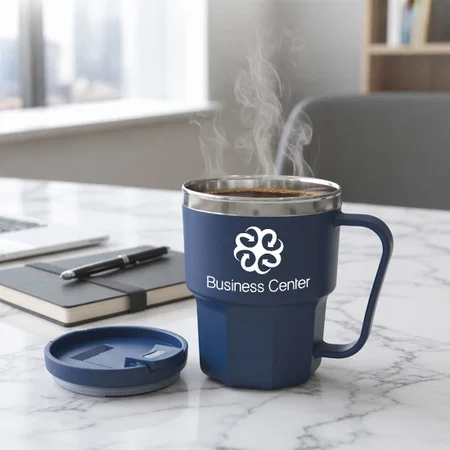 Blue Customized Stainless Steel Double Wall Mug With Unique Ridge Base Flip Top Lid Leak Proof Capacity 350ml Approx