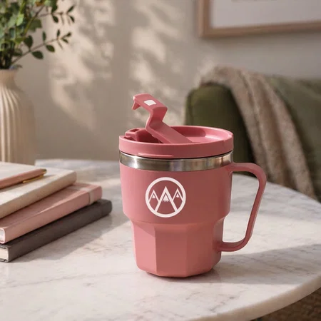 Pink Customized Stainless Steel Double Wall Mug With Unique Ridge Base Flip Top Lid Leak Proof Capacity 350ml Approx