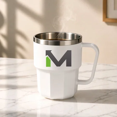 White Customized Stainless Steel Double Wall Mug With Unique Ridge Base Flip Top Lid Leak Proof Capacity 350ml Approx