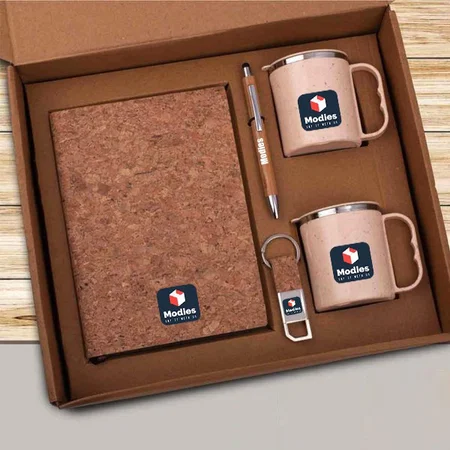 Brown Customized Set of A5 Cork Notebook, 2 Eco Steel Mugs, Bamboo Pen & Cork Keychain in Kraft Gift Box