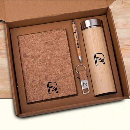 Brown Customized Set of A5 Cork Notebook, Bamboo 304 Steel Vacuum Flask, Bamboo Pen & Cork Keychain in Kraft Gift Box