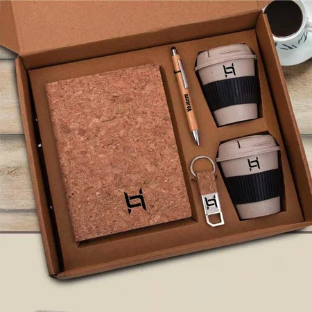 Brown Customized Set of A5 Cork Notebook, 2 Bamboo Coffee Mugs with Silicon Sleeve, Bamboo Pen & Cork Keychain in Kraft Gift Box