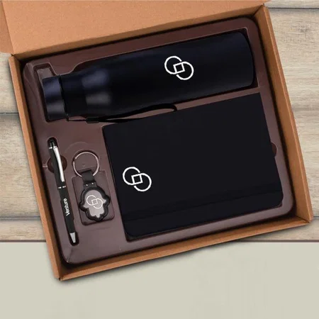 Customized 4 in 1 Black set: Tulip shape Keychain, SS Bottle, Metal Pen and A5 PU Notebook in Kraft Gift Box