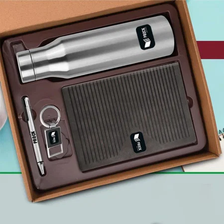 Grey Customized 4 in 1 Set: Metal Keychain, SS Bottle, Metal Pen and A5 PU Notebook in Kraft Gift Box