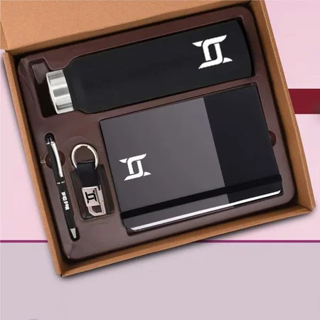 Customized 4 in 1 Dual Tone Set: Rectangle Metal Keychain, SS Colored Bottle, Metal Pen and A5 PU Notebook in Kraft Gift Box