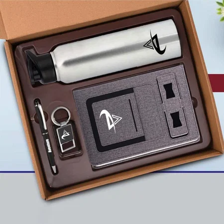 Grey Customized 4 in 1 Set: Metal Keychain, SS Natural Bottle, Metal Pen And 4 in 1 Notebook in Kraft Gift Box