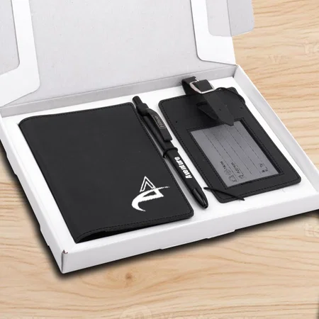Black Customized 3 pc Travel set: Mini Passport Holder With Sim Card Box, Luggage Tag & Metal Pen in Gift Box