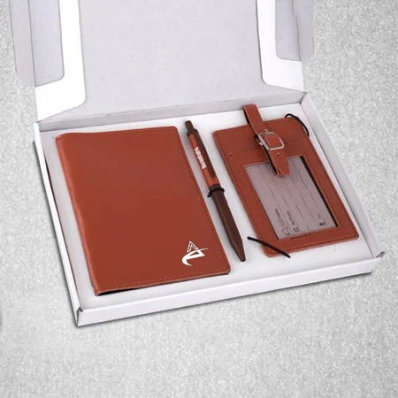 Brown Customized 3 pc Travel set: Mini Passport Holder With Sim Card Box, Luggage Tag & Metal Pen in Gift Box