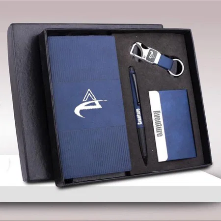 Blue Customized 4 pc Notebook Set: A6 Size Notebook, Metal Pen, Loop Keychain & Visiting card Holder in Gift Box