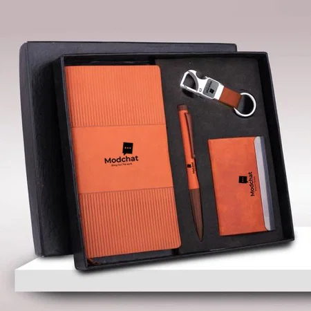 Brown Customized 4 pc Notebook Set: A6 Size Notebook, Metal Pen, Loop Keychain & Visiting Card Holder in Gift box