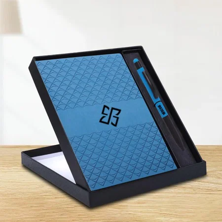 Blue Customized Notebook Gift Set: A5 PU Notebook With Prism Metal Pen