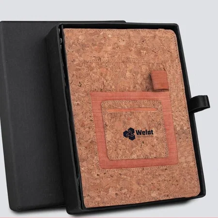 Brown Customized Compact 4 pc Eco Gift Set: Multipurpose Cork Notebook, Metal Cork Pen, Metal Cork Keychain, Cork Card Holder