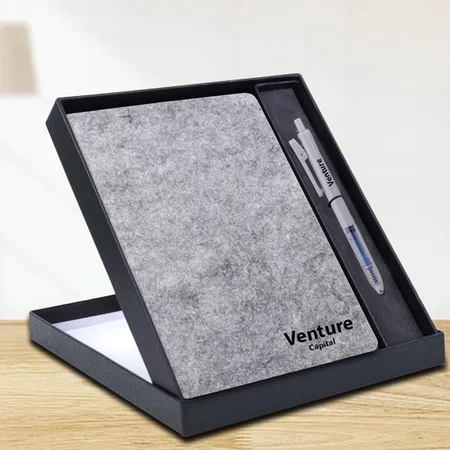 Grey Customized EcoFelt Notebook Gift Set: A5 Eco Notebook With Paper Clip Gel Pen