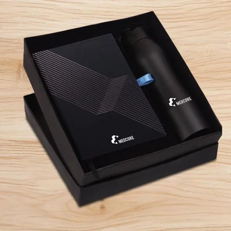 Black Customized Compact 5 Pc Gift Set: A5 Size Notebook, Metal Pen, Metal Pu Keychain, Metal Card Holder & Straight Steel Bottle