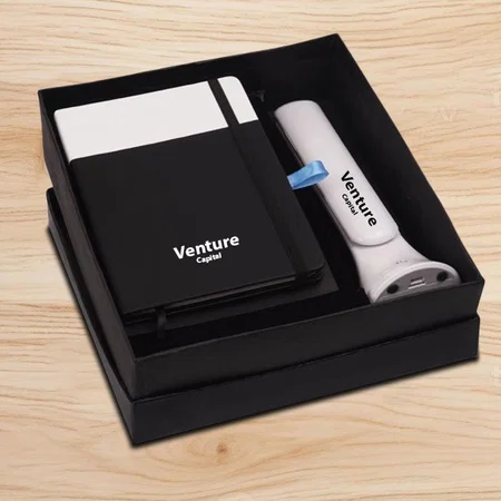 Customized Compact 5 Pc Gift Set: A5 Size Notebook, Metal Pen, Metal Pu Keychain, Metal Card Holder & Folding COB Desk Lamp