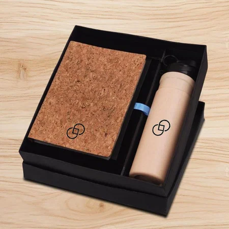 Brown Customized Compact 5 Pc Cork Gift Set: Cork Notebook, Cork Pen, Metal Cork Keychain, Cork Card Holder & Insulated Steel Bottle