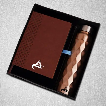 Brown Customized Compact 5 Pc Gift Set: A5 Size Notebook, Metal Pen, Metal Pu Keychain, Metal Card Holder & Prism Steel Bottle