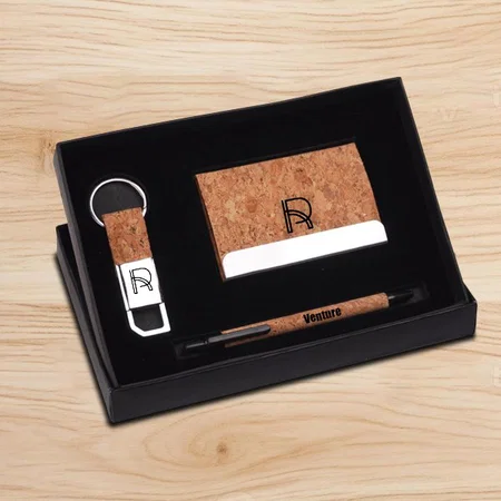 Brown Customized Compact 3 Pc Cork Gift Set: Cork Pen, Metal Cork Keychain & Cork Card Holder