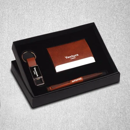 Brown Customized Compact 3 Pc Gift Set: Metal Pen, Metal PU Keychain, & Metal Card Holder