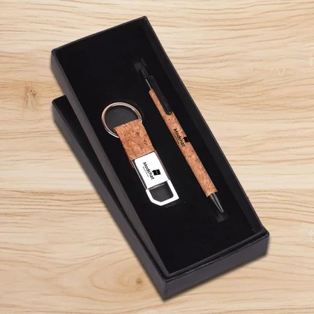 Brown Customized Compact 2 Pc Cork Gift Set: Cork Pen & Metal Cork Keychain