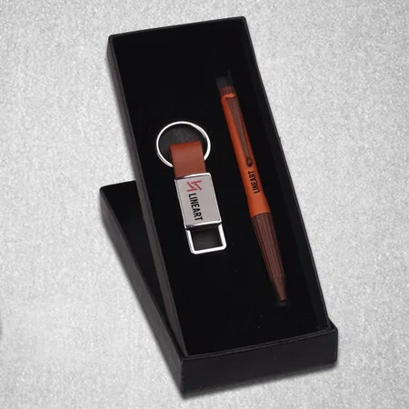 Brown Customized Compact 2 Pc Gift Set: Metal Pen & Metal PU Keychain