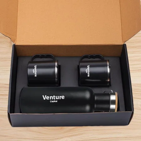 Black Customized Set of EcoVault Vacuum Flask With 2 Stainless Steel Cups in Gift Box