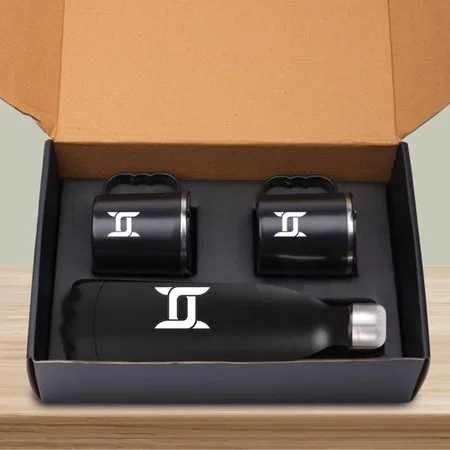 Black Customized Set of Vacuum Flask With 2 Stainless Steel Cups In Gift Box