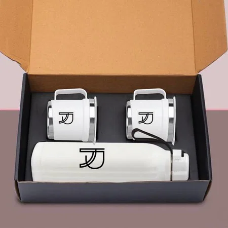 White Customized 3 pc Gift Set : Insulated Square Steel Bottle With 2 Steel Cups | Keeps Hot for 4-6 hours