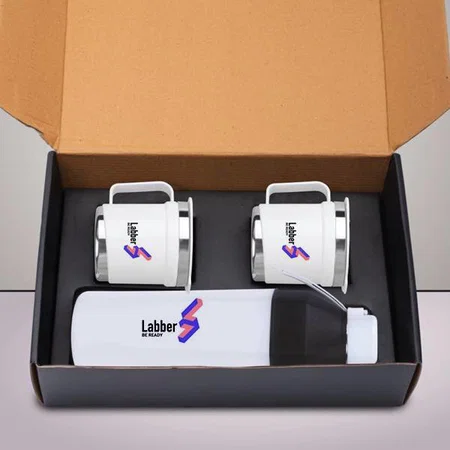 White Customized 3 pc Gift Set : Insulated Hexa Steel Bottle with 2 Steel Cups | Keeps Hot for 4-6 hours