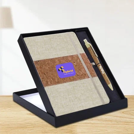 Beige Customized Notebook Gift Set Eco: Cork & Linen A5 Notebook With Cork Bamboo Fiber Pen