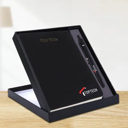 Black Customized 2 in 1 Set: Timeless Notebook with Metal Pen in Folding Cardboard Box