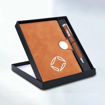 Brown Customized 2 in 1 Set: Magnetic Flap Notebook with Metal Pen in Gift Box