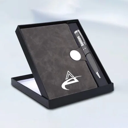 Grey Customized 2 in 1 Set: Magnetic Flap Notebook with Metal Pen in Gift Box
