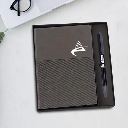 Grey Customized 2 in 1 Set: Slant A5 Notebook with Metal Pen in Gift Box