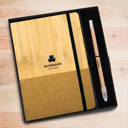 Customized Notebook Gift Set Eco: Bamboo & Cork A5 Notebook With Eternal Bamboo Pencil