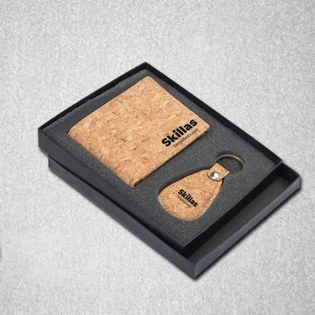Brown Customized Cork Dual Set : Wallet with Keychain in Gift Box