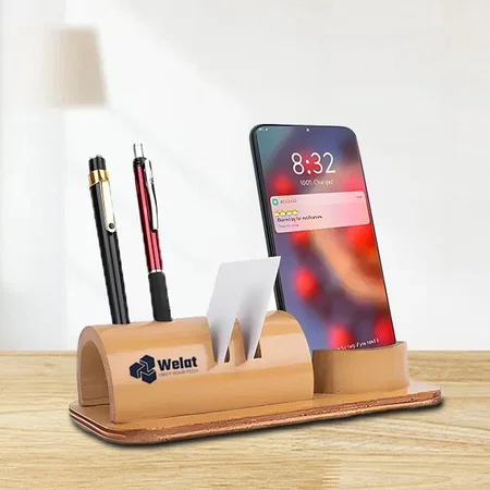 Customized Bamboo Phone Stand with Card Holder and Double Pen Stand (with PU Gloss coating)