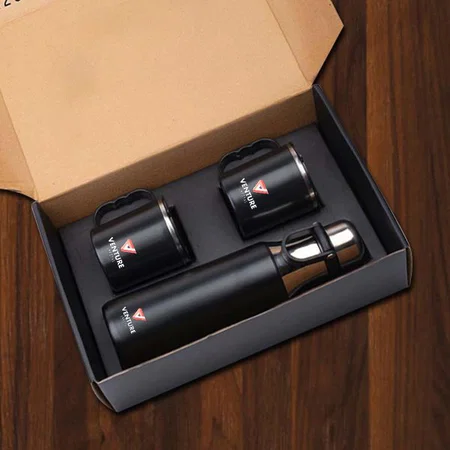 Black Customized Set of Vacuum Flask with 2 Stainless Steel Cups in Gift Box
