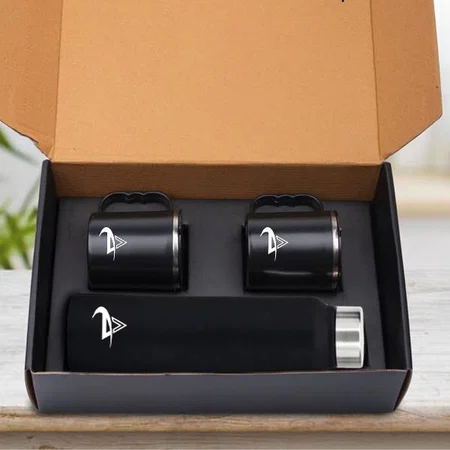 Customized Set of Black Stainless Steel Bottle with 2 Stainless Steel Cups in Gift Box | Bottle capacity 1L approx