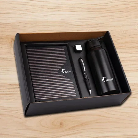 Black Customized 4 in 1 Set: Stainless Steel Bottle, Metal Pen, Silicon Mobile Stand with Earphone Holder, A5 Notebook